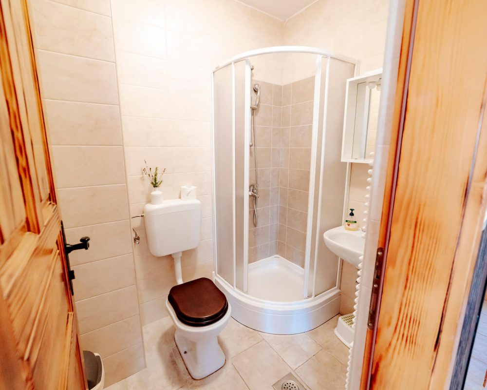 Das kleine Badezimmer der Villa Alma ist mit einer Toilette und einer kleinen Dusche ausgestattet.