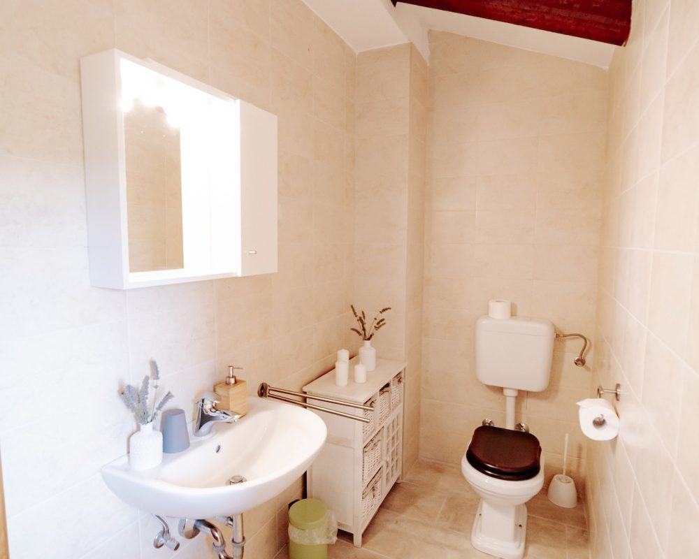 Das kleine Badezimmer besteht aus einer Toilette und einer Dusche.