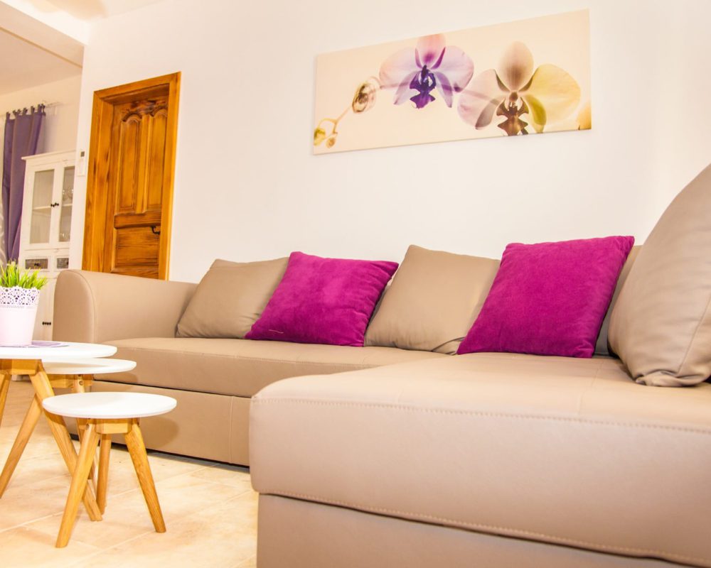 Das Wohnzimmer hat eine bequeme Eckcouch. Vor der Eckcouch stehen drei kleine runde Couchtische.
